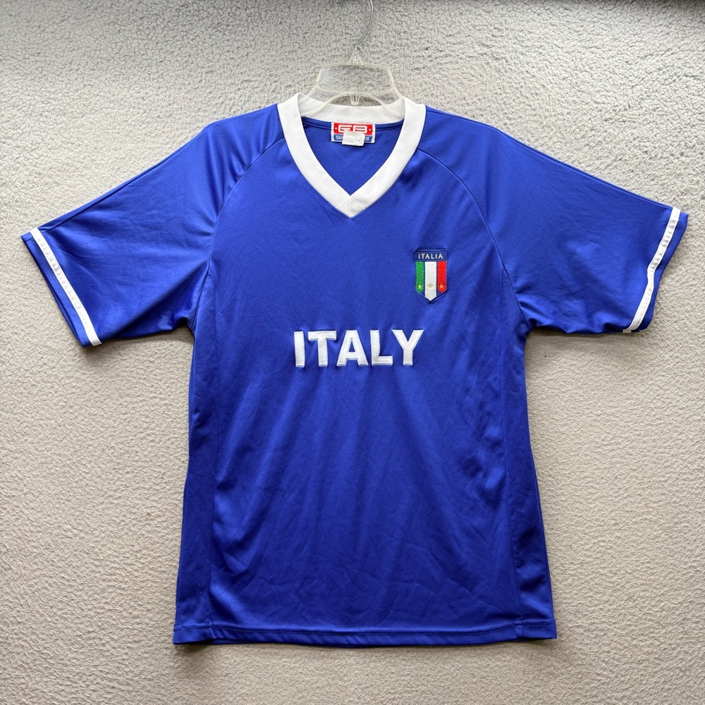 EB Sports Men’s Blue Italy Jersey  Embroidered Logo Short Sleeve T-shirt V Neck